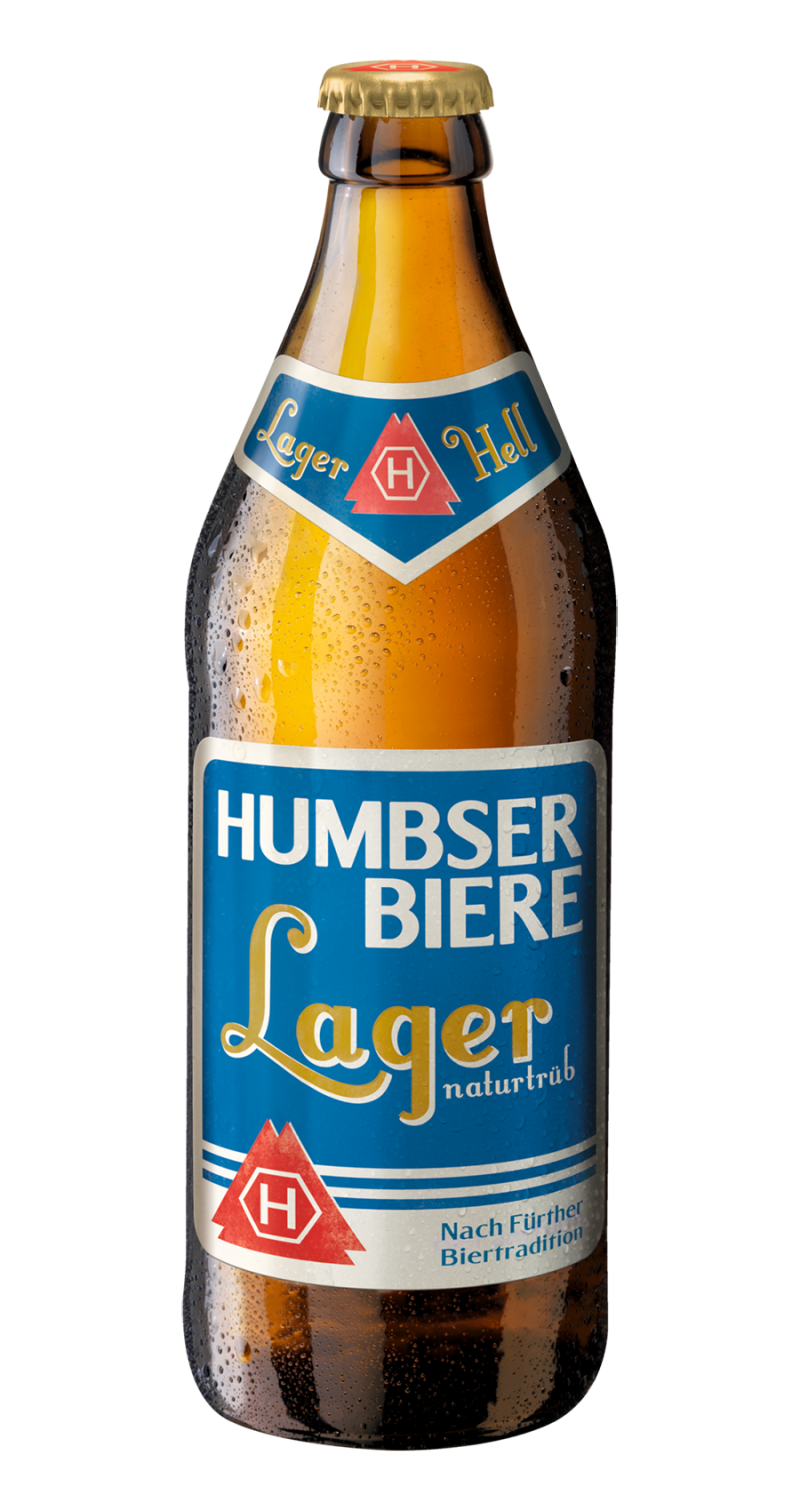 Eine Flasche Bier der Marke Humbser mit einem blauen Etikett.